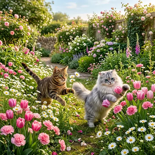 Enchanting Floral Scene with Playful Cats