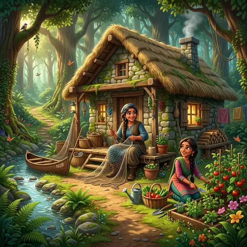 3D Animation of a Fisherman and Her Wife in a Forest