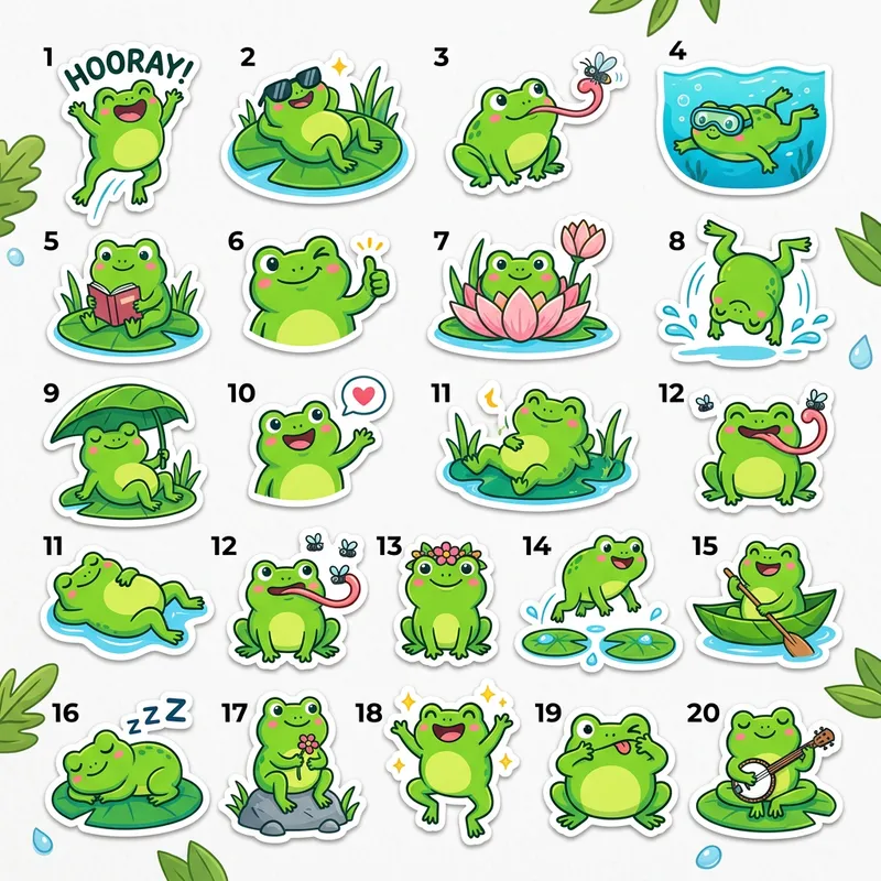 Cute Green Frog Stickers Set - 20 Pieces for Telegram Messaging