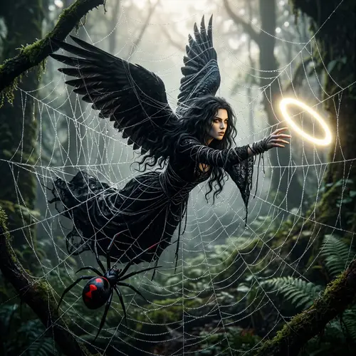 Dark Angel Reaches for Halo in Intricate Spider Web