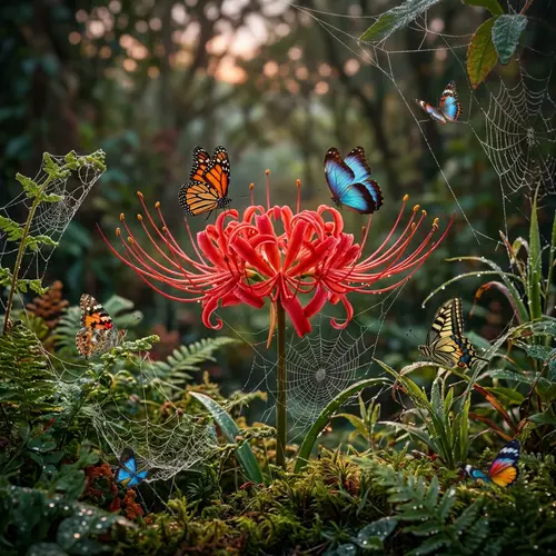 Vivid Spider Lily Bloom with Butterflies