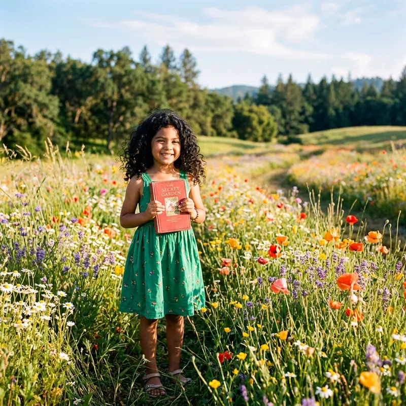 Vivid Image of Young Hispanic Girl with Black Curly Hair in Green Dress and Red Book