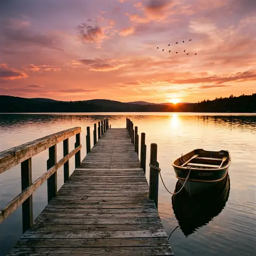 Tranquil Sunset Scene on Wooden Pier over Calm Lake