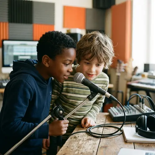 Two Boys Looking at Microphone | Diverse Representation
