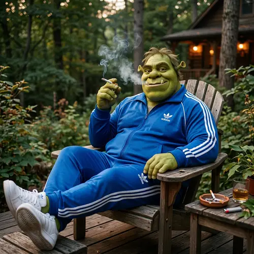 Trendy Green Ogre in Blue Tracksuit Smoking | Sportswear Brand