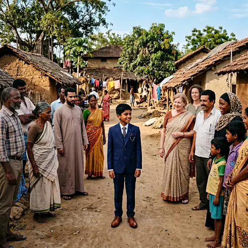 Stylish South Asian Boy in Modern Suit Amidst Rural Village
