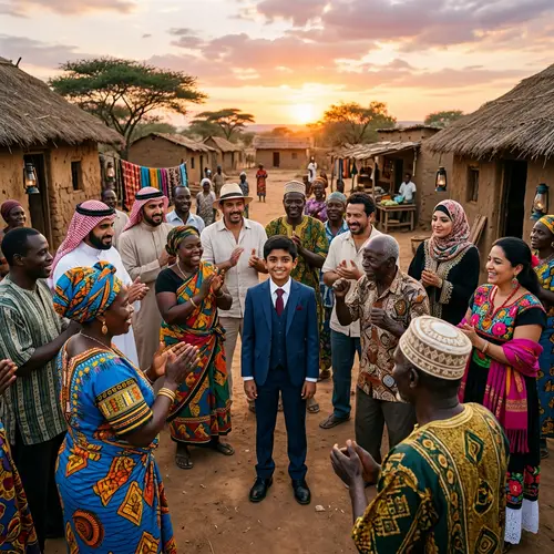 Diverse Village Scene with South Asian Boy in Traditional Attire