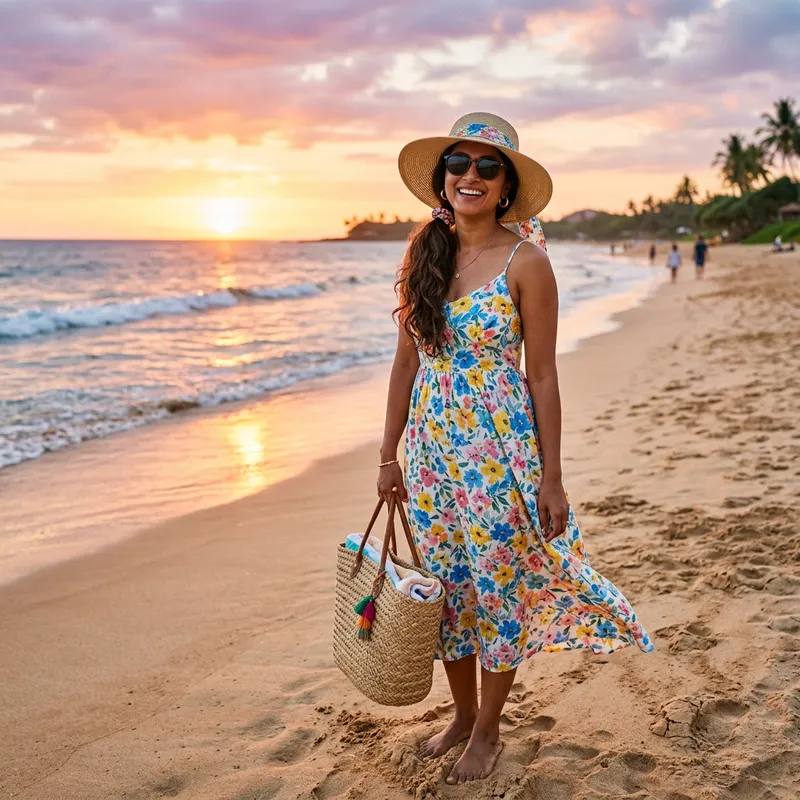 Stunning South Asian Woman in Floral Summer Outfit | Sun Hat & Sunglasses