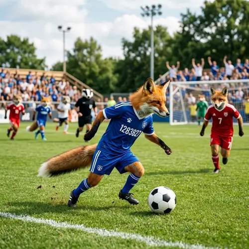 Fox in Blue Jersey Playing Soccer
