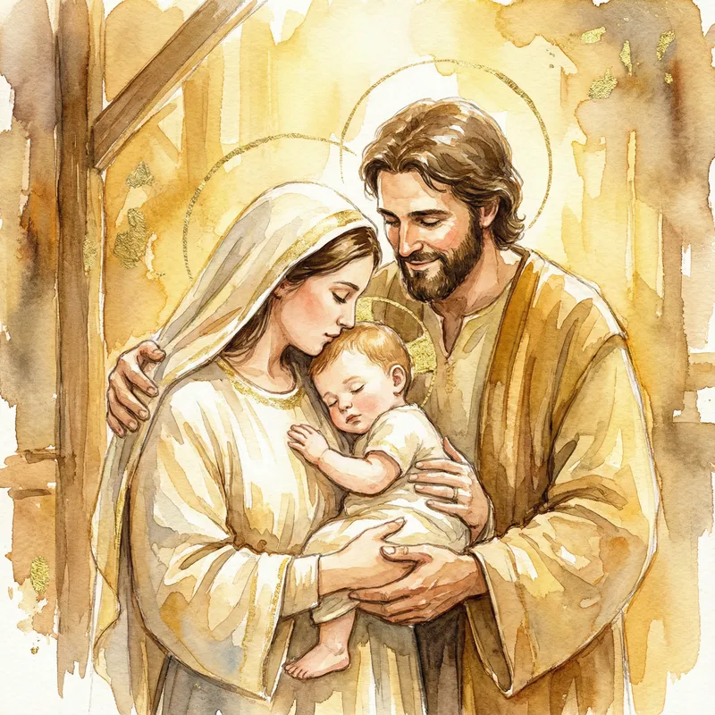 Warm Watercolor of Mary, Joseph & Baby Jesus