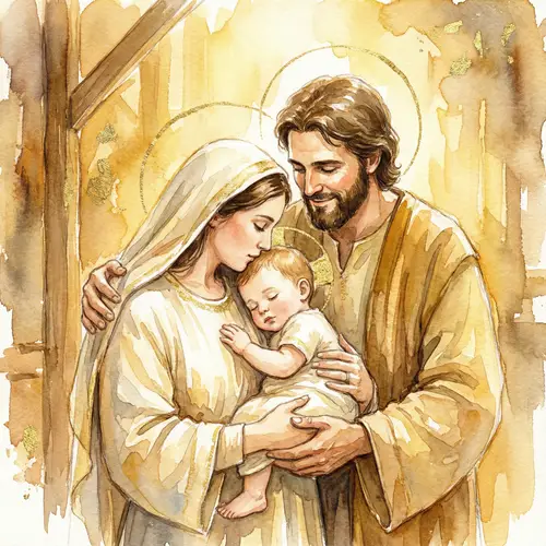 Warm Watercolor of Mary, Joseph & Baby Jesus