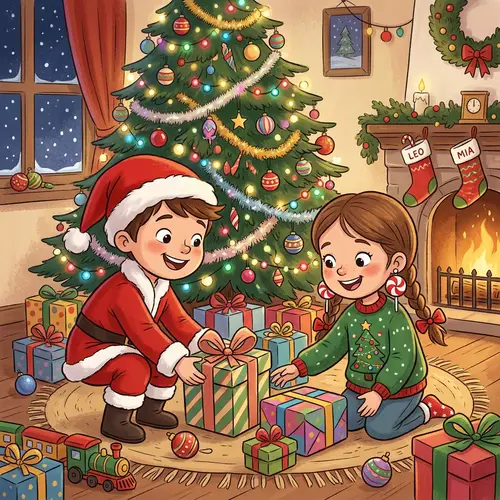 Whimsical Christmas Scene: Boy & Girl Retrieving Presents