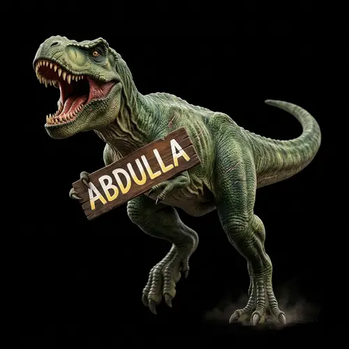 Imposing Green T-Rex Roaring with ABDULLA Sign