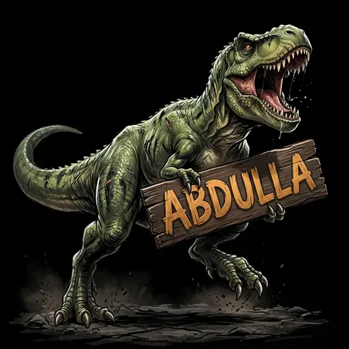 Ferocious Green T-Rex Running with ABDULLA Sign