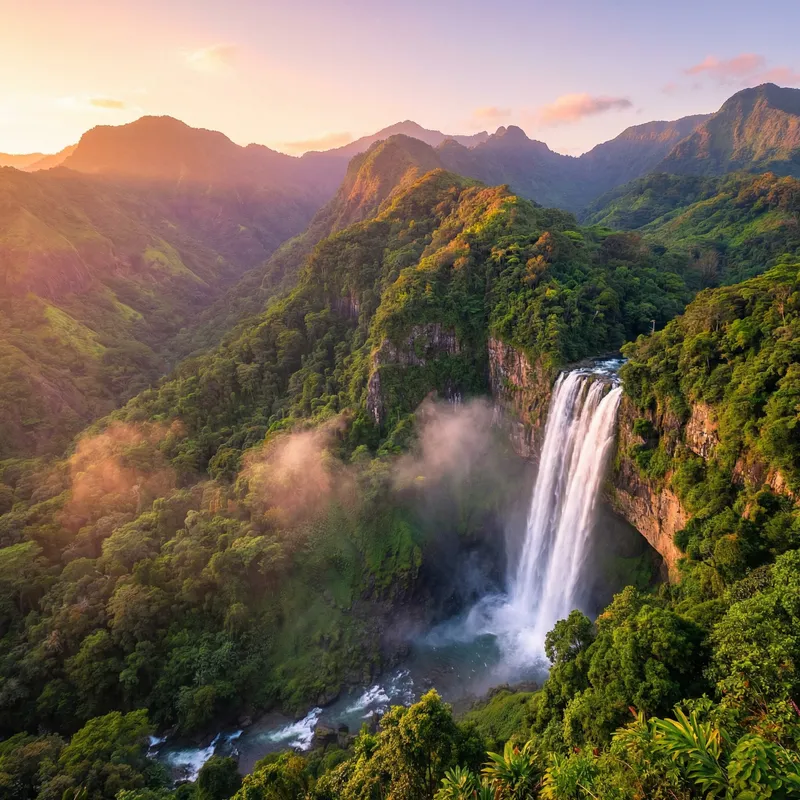 Serenity of Green Mountains with Waterfall View Serenity of Green Mountains with Waterfall View