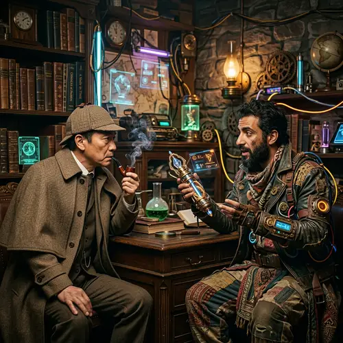 Time-Traveling Encounter: Futuristic and Retro Narrative Blend