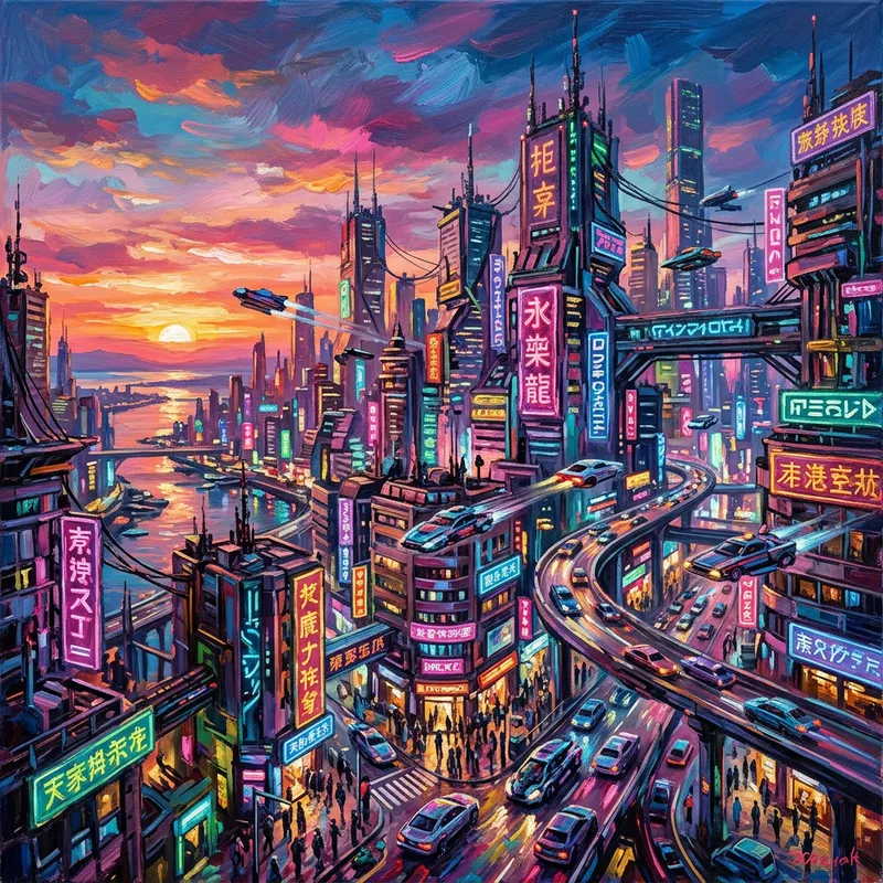 Neon Cyberpunk Cityscape Painting at Sunset