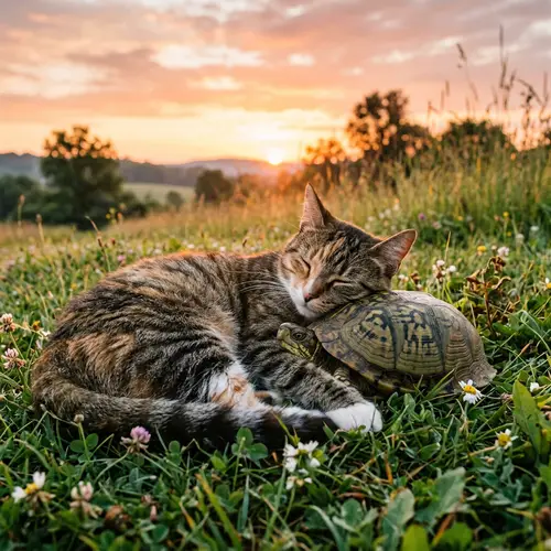 Turtle and Cat's Heartwarming Cuddle in Natural Setting