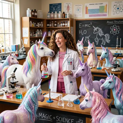 Female Science Teacher Surrounded by Unicorns