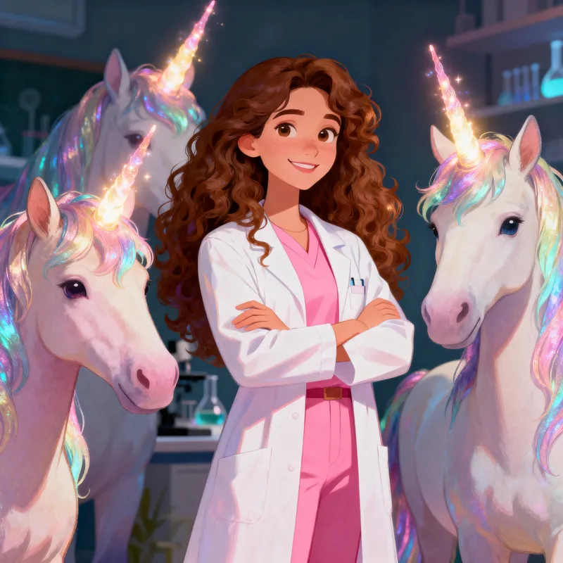 Female Science Teacher Surrounded by Unicorns