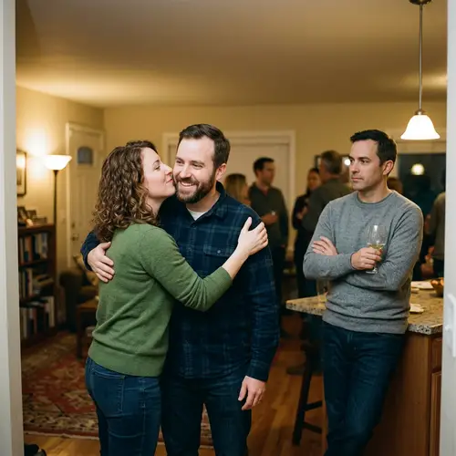 Wife Kissing Male Friend - Husband Observing