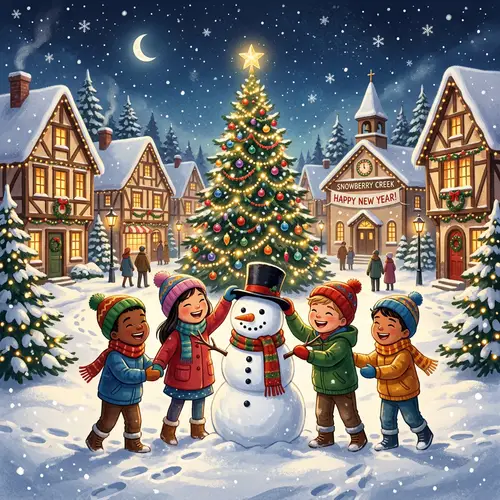Festive Holiday Illustration - New Year Joy in Snowy Village