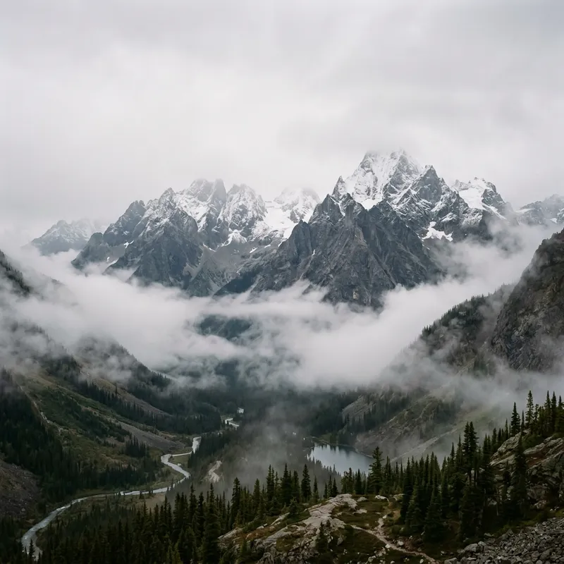 Mystical Fog-Covered Mountain Peaks