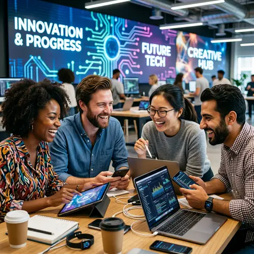 Diverse Group Discovering Innovative Technology | Tech Exploration Joy