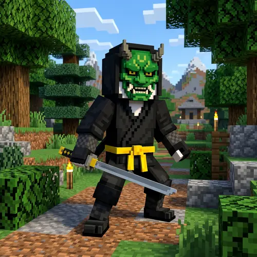 Pixelated Ninja with Green Demon Mask and Katana