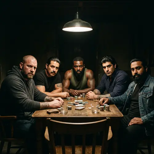 Diverse Group of Muscular Men Around Table in Spotlight