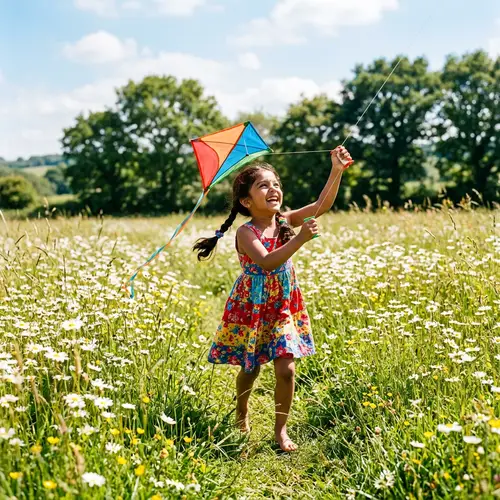 Young Girl Playing in Sunlit Field with Colorful Kite