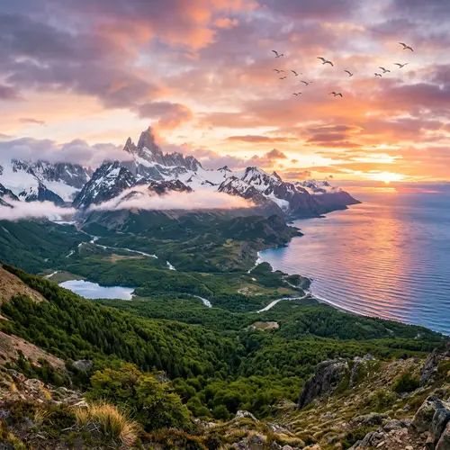 Breathtaking Landscape with Majestic Mountains and Sunset Reflections