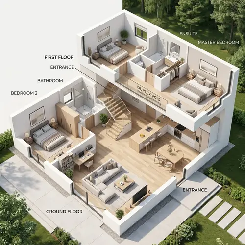 3D Isometric Floor Plan of Modern Two-Story House