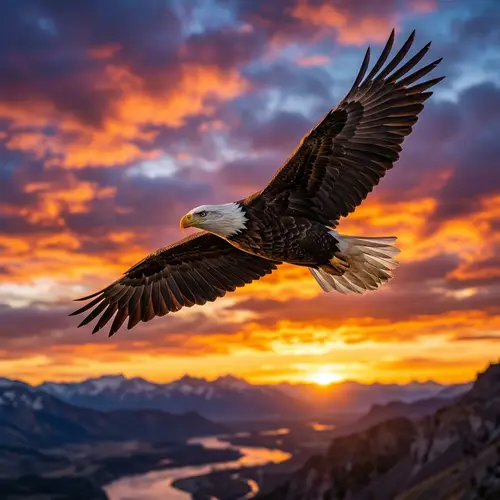 Majestic Eagle Soaring Through Vibrant Sunset Sky