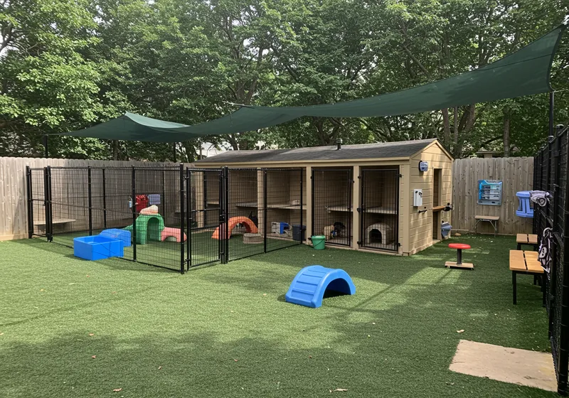 Premium Outdoor Pet Play Yard with Kennels & Amenities Premium Outdoor Pet Play Yard with Kennels & Amenities