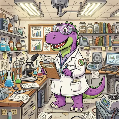 Purple Dinosaur Researcher in Lab | Scientific Cartoon Character