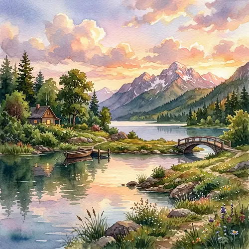 Tranquil Watercolors Landscape Painting | Captivating Sunset