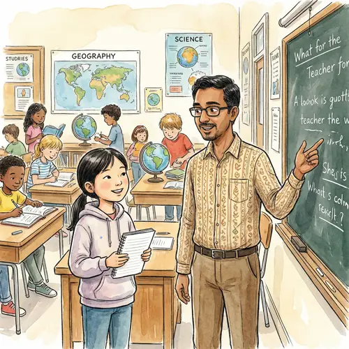 Diverse Classroom Scene with South Asian Male Teacher and East Asian Female Student