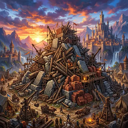 Fantasy Builders Scene with Wood, Stone & Brick