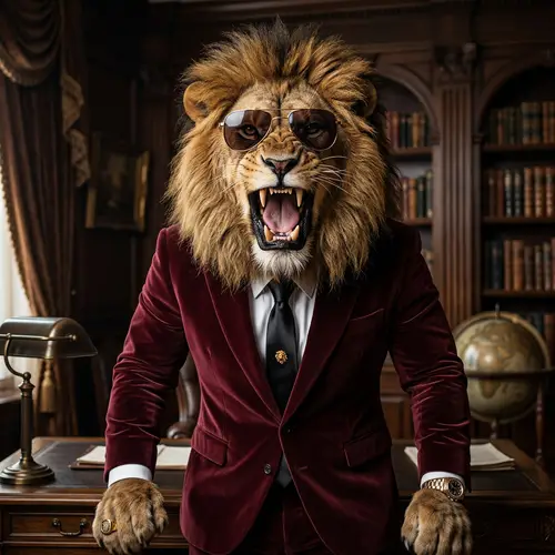 Majestic Lion Roaring in Stylish Velvet Suit