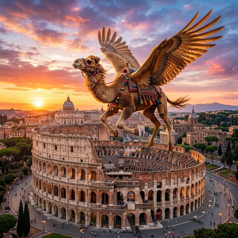 Majestic Camel Flying Above Rome Colosseum in 8K Beauty