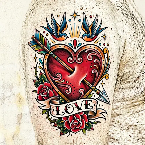Vibrant Heart Tattoo Art with Arrow Design