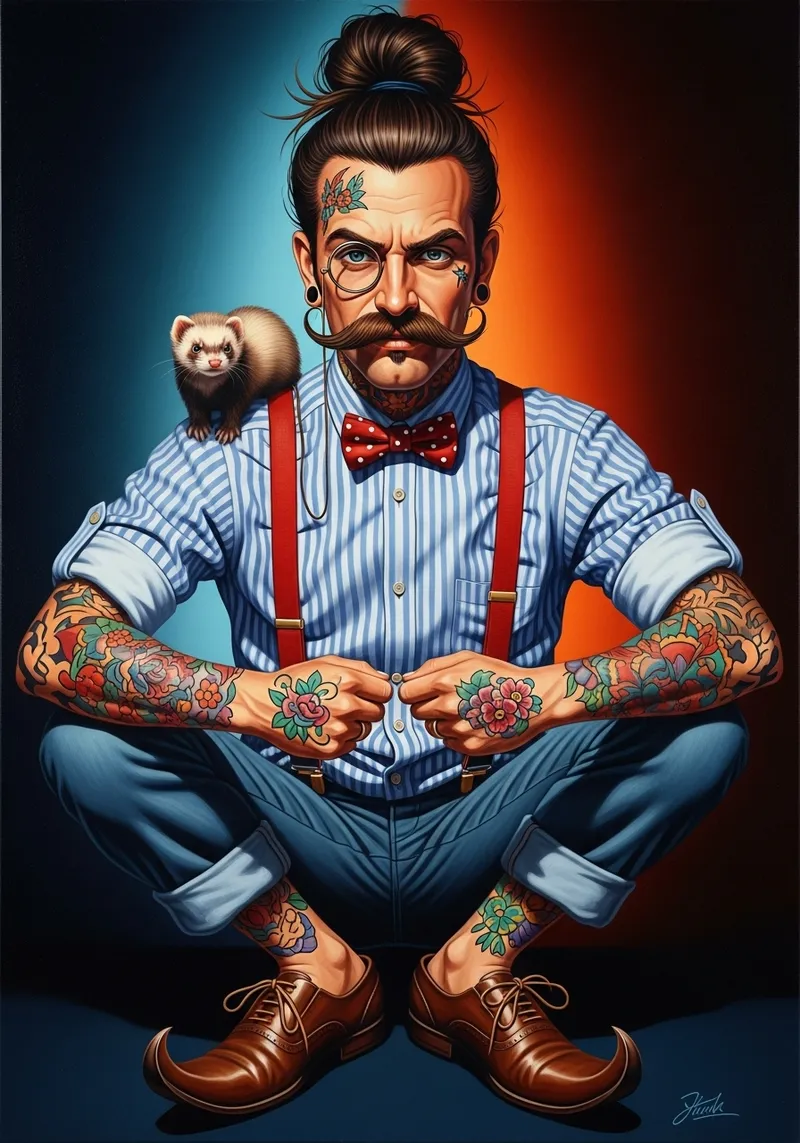Trendy Hipster Art with Mustache & Ferret