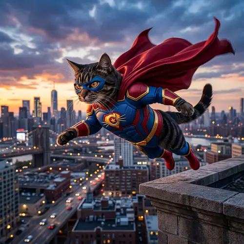 Superhero Cat | Dynamic Pose with Fluttering Cape