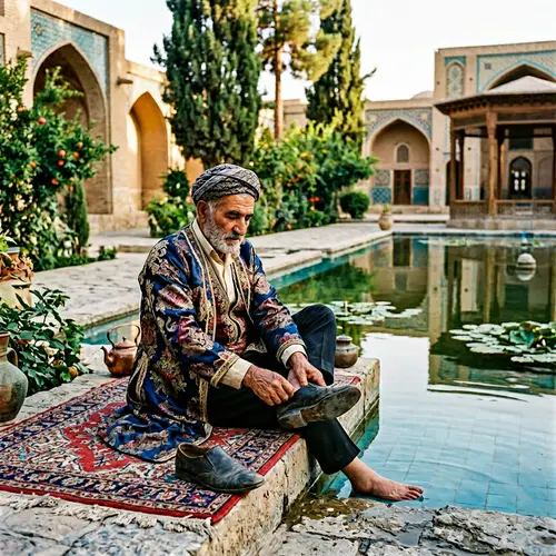 Elderly Man in Luxurious Attire by Tranquil Pond