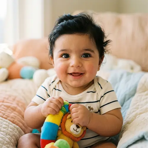 Adorable Infant Boy Portrait with Wide Eyes and Rosy Cheeks