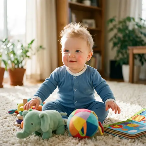 Adorable Baby Boy with Spiky Hair Exploring in Blue Onesie | Website Name