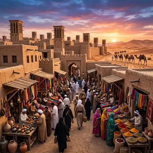 Arabian Peninsula in 1319: Marketplace Scene with Merchants and Camels