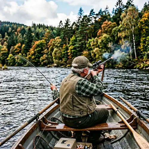 Elderly Fisherman with Rifle on a River Boat