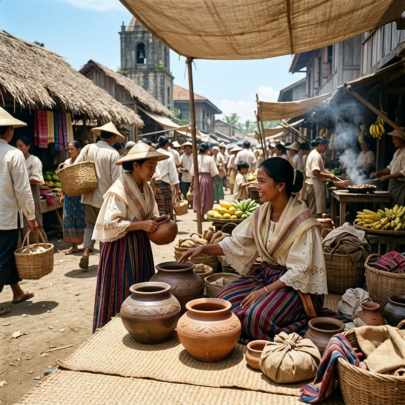 19th Century Philippine Outdoor Market: South Asian Woman Selling 3 Crafted Pots